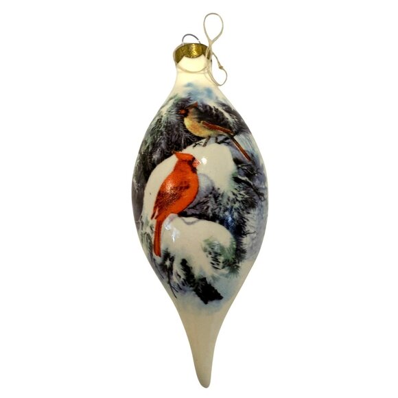Hand-Painted Cardinal Glass Ornament Teardrop Shape Winter Scene Made In USA Hol - Picture 1 of 6